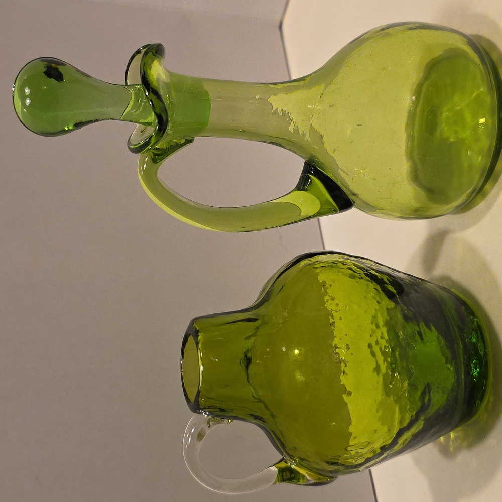 Vintage Green Cruet And Green Small Pitcher Hand Blown